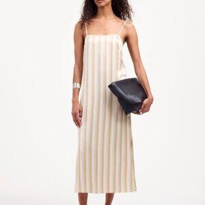 Madewell Dress 14 Tan Cream Women's Midi Slip Dress in Stripe Silk NEW